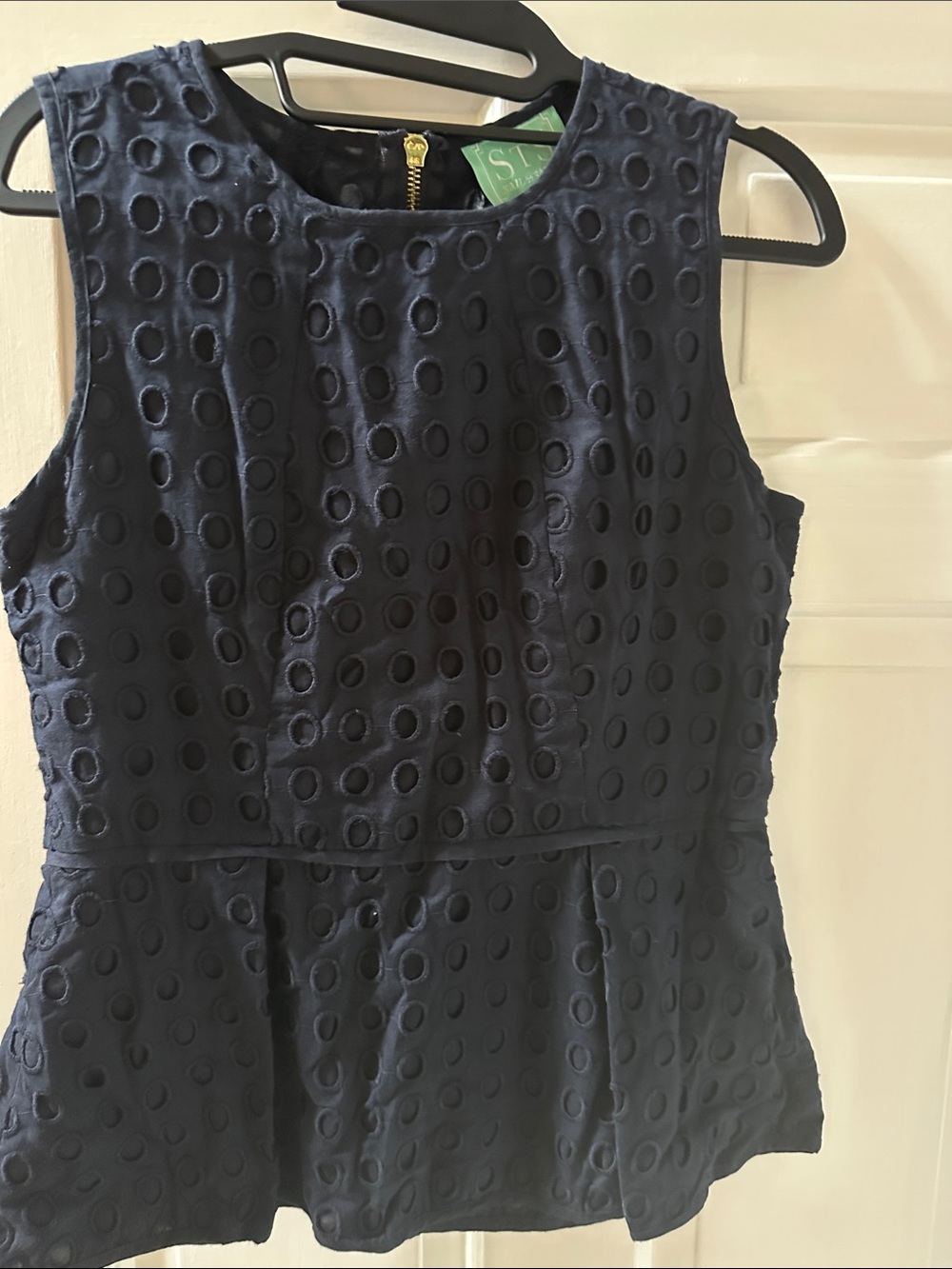 Sail to Sable Navy Textured Eyelet Peplum Top